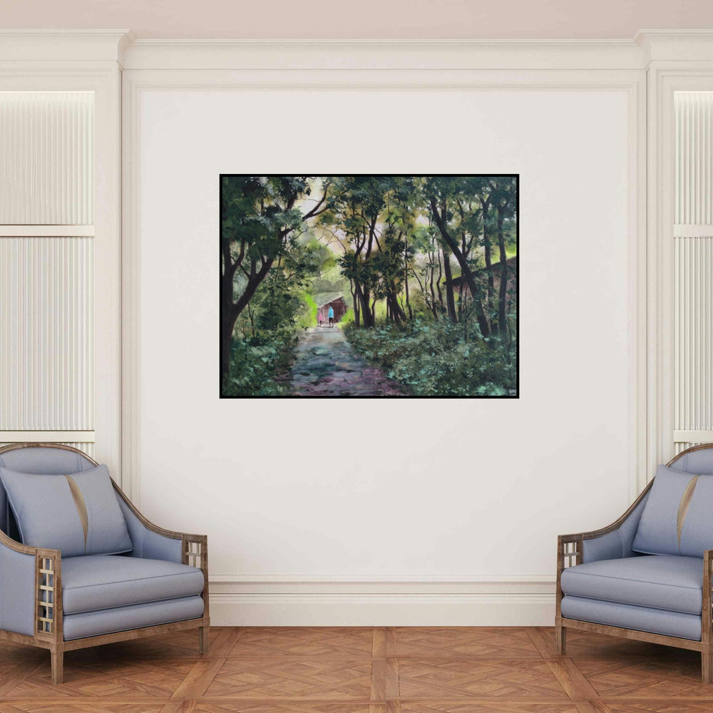 'Vaccine Depot 1 (A Serene Stroll)' painting by Shirish Deshpande shown on a wall in a furnished room.