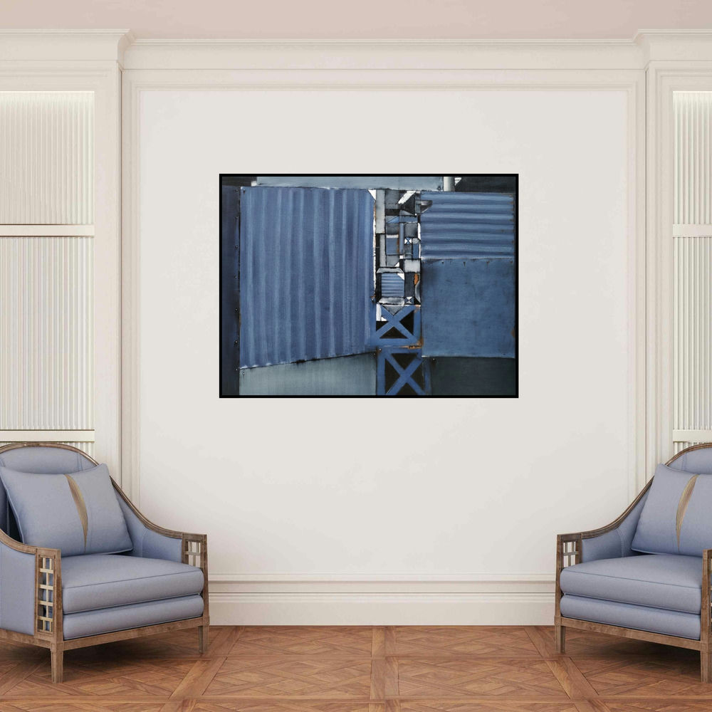 'Vacuity 2 (Urban Tapestry**)' painting by Vinod Chavan shown on a wall in a furnished room.