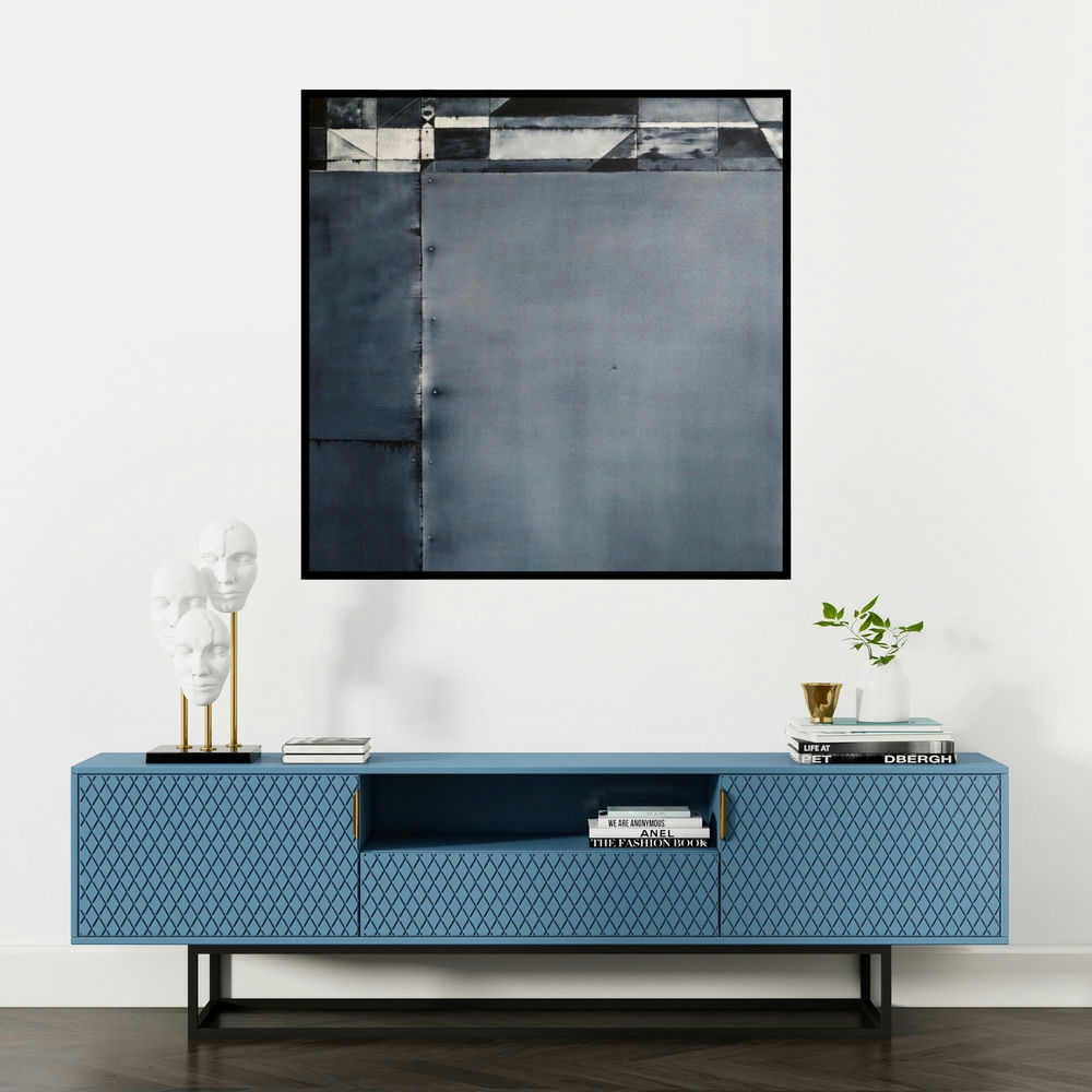 'Vacuity 5 (Urban Tapestry**)' painting by Vinod Chavan shown on a wall in a furnished room.