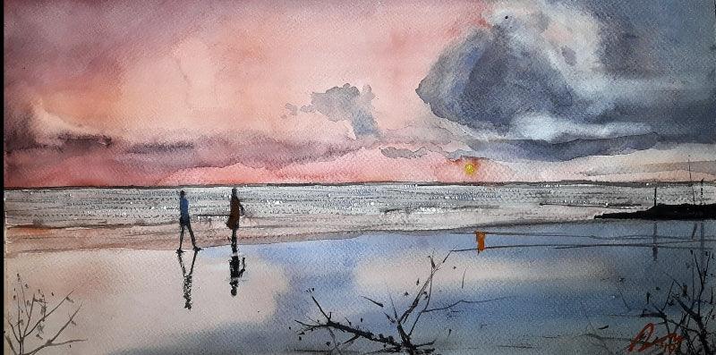Seascape watercolor painting titled 'Vagator Beach', 6x27 inches, by artist Arunava Ray on Paper