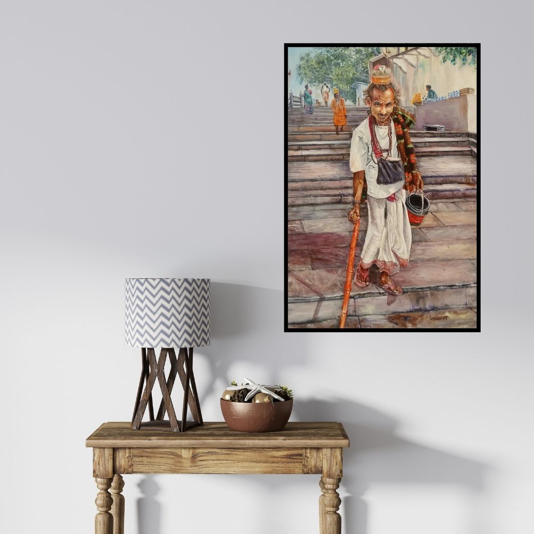 In-situ view of Lasya Upadhyaya's 'Vagrant In Ganga Ghat' painting in a room