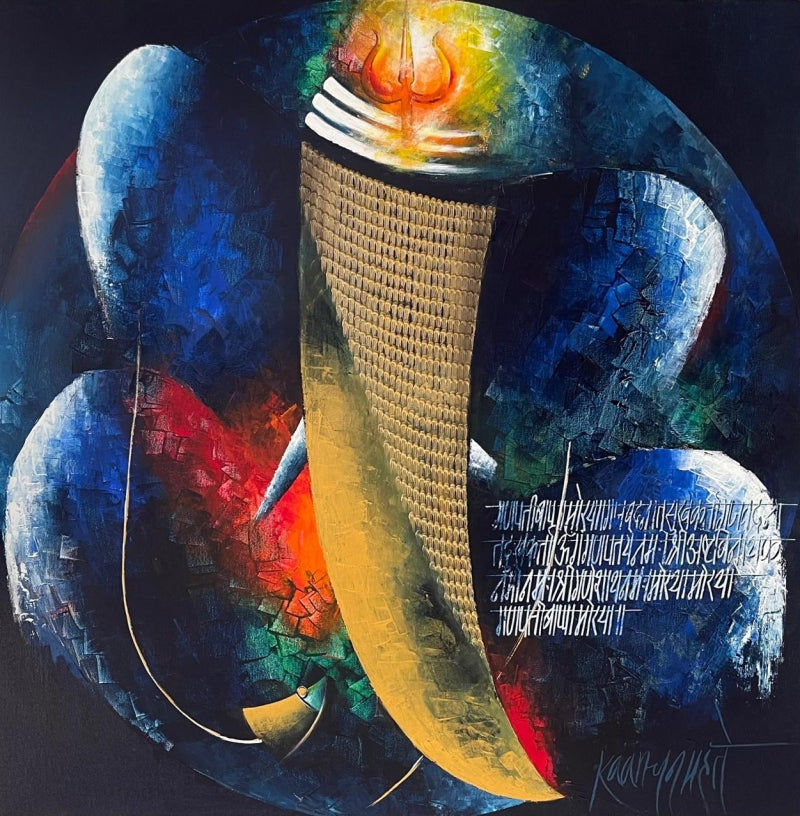 Religious acrylic painting titled 'Vakratunda', 42x42 inch, by artist Kanchan Mahante on Canvas