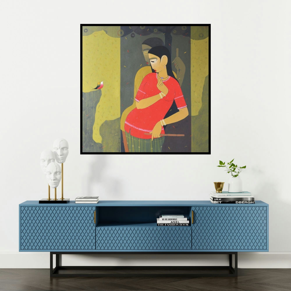 'Valentine (Intimate Embrace)' painting by Sanjay M Khochare shown on a wall in a furnished room.