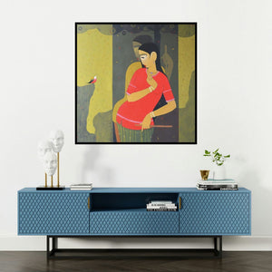 'Valentine (Intimate Embrace)' painting by Sanjay M Khochare shown on a wall in a furnished room.