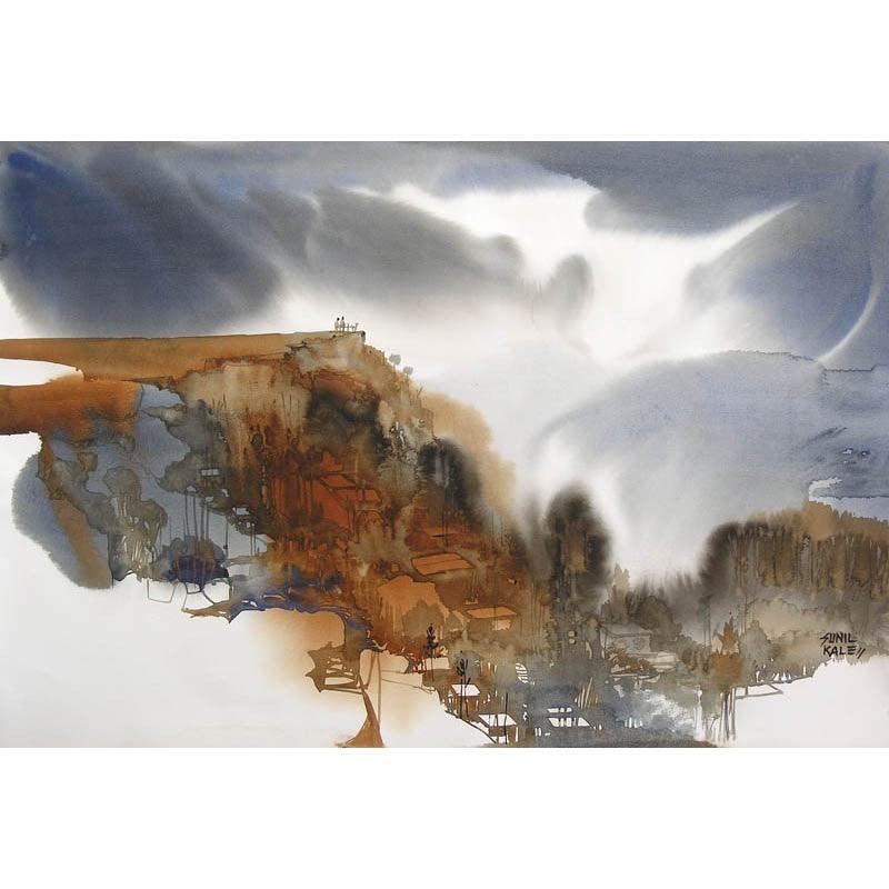 Landscape watercolor painting titled 'Valleyscape 32', 21x14 inches, by artist Sunil Kale on Paper