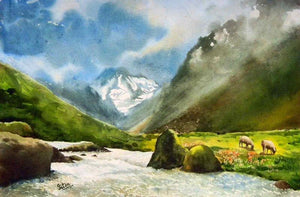 Vally Of Joy (Alpine Majesty) by Jitendra Sule, Original Watercolor Landscape Painting on Handmade Paper, Small Horizontal Wall Art