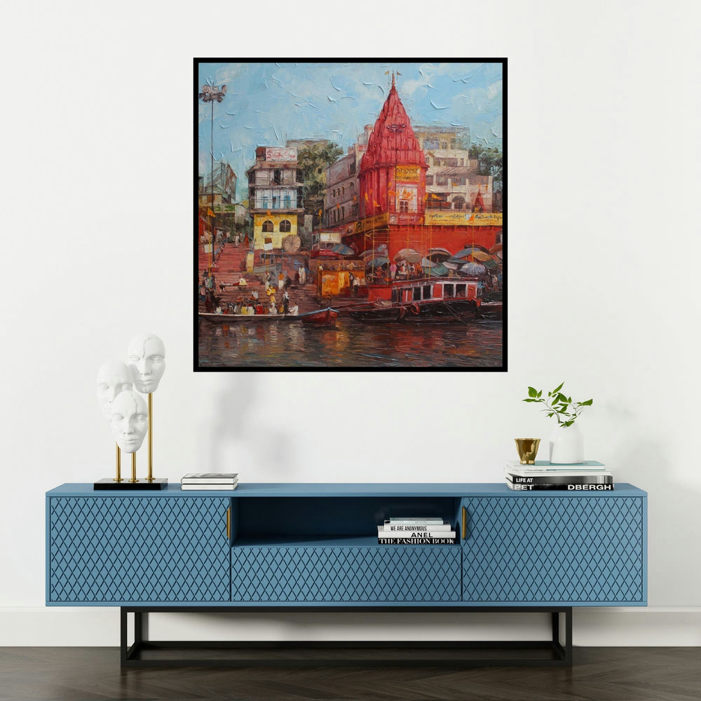 'Varanasi 1' painting by Iruvan Karunakaran shown on a wall in a furnished room.