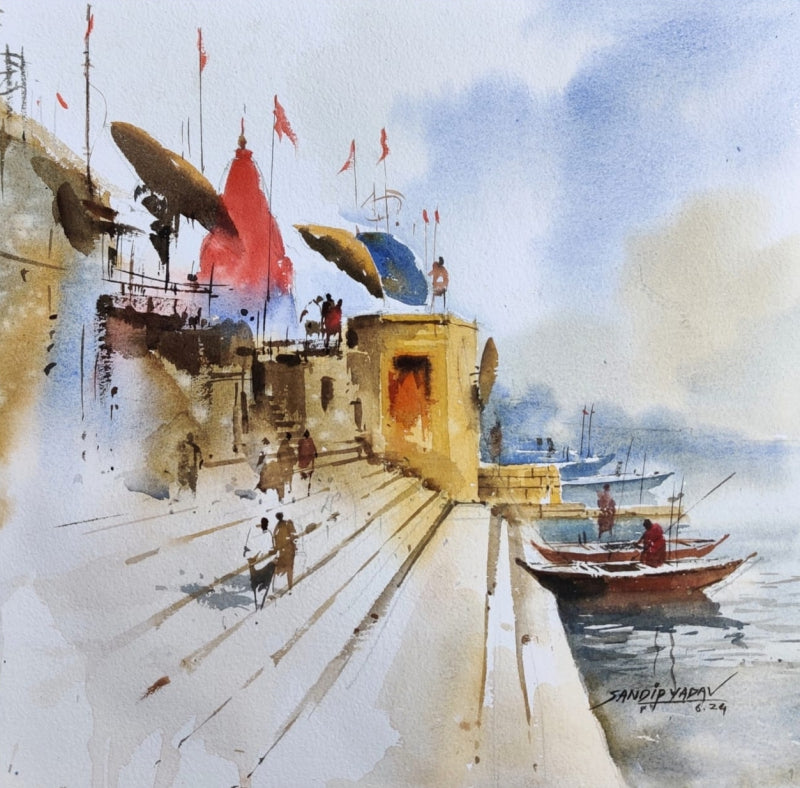 'Varanasi 11' religious watercolor painting by artist Sandeep Yadav, 12x12 inch, on paper
