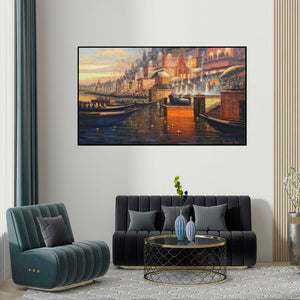 Paramesh Paul's 'Varanasi 12 (Varanasi Ghats at Dusk)' painting visualized above a sofa in a contemporary room.