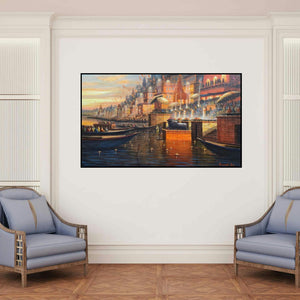 'Varanasi 12 (Varanasi Ghats at Dusk)' painting by Paramesh Paul shown on a wall in a furnished room.