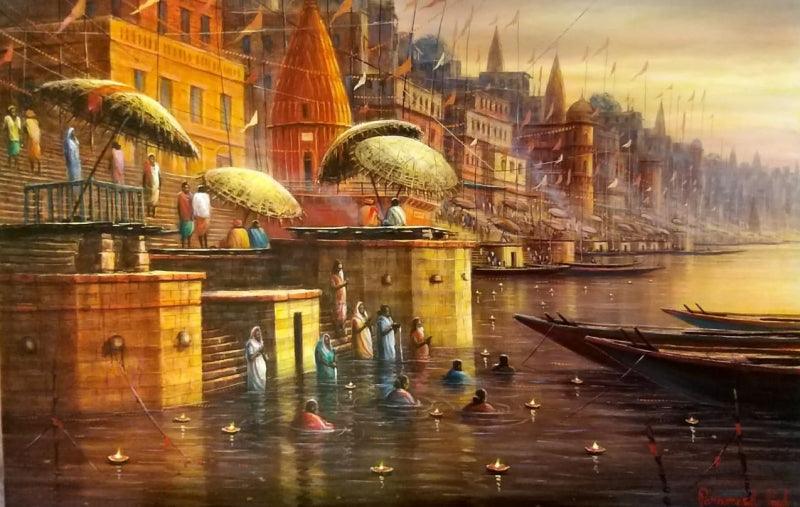 Religious acrylic painting titled 'Varanasi 12', 24x36 inches, by artist Paramesh Paul on Canvas