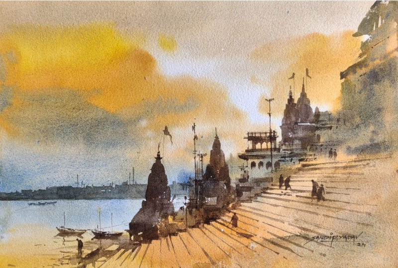 'Varanasi 13' religious watercolor painting by artist Sandeep Yadav, 8x12 inch, on paper