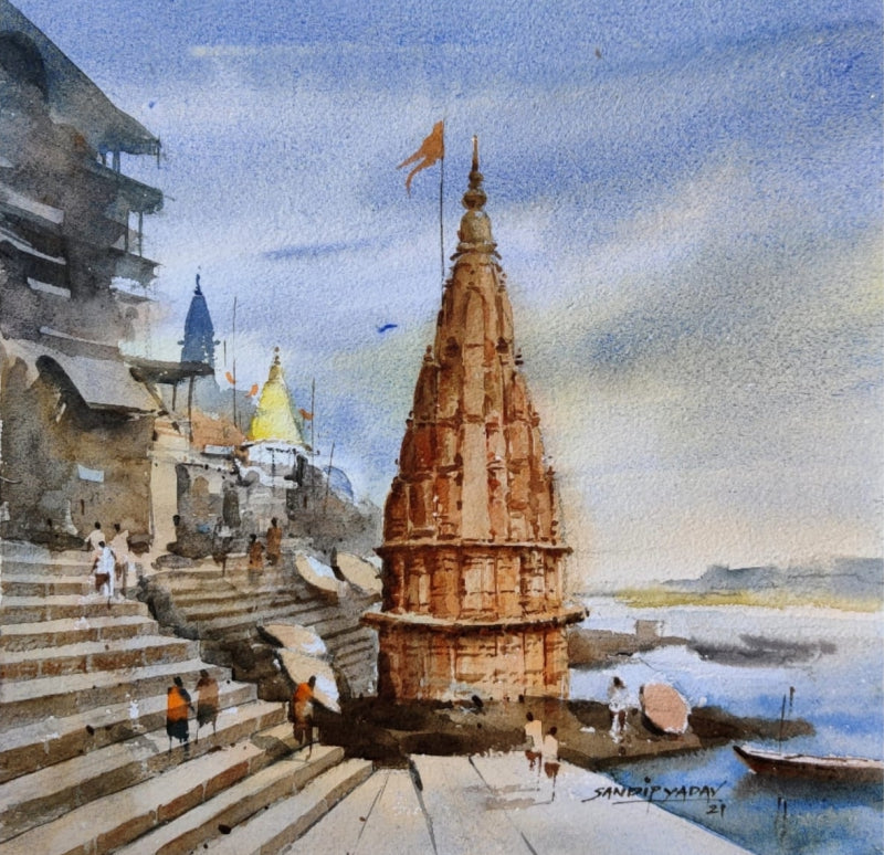 'Varanasi 14' religious watercolor painting by artist Sandeep Yadav, 10x10 inch, on paper