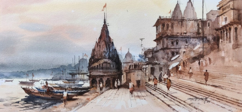 'Varanasi 15' religious watercolor painting by artist Sandeep Yadav, 11x23 inch, on paper
