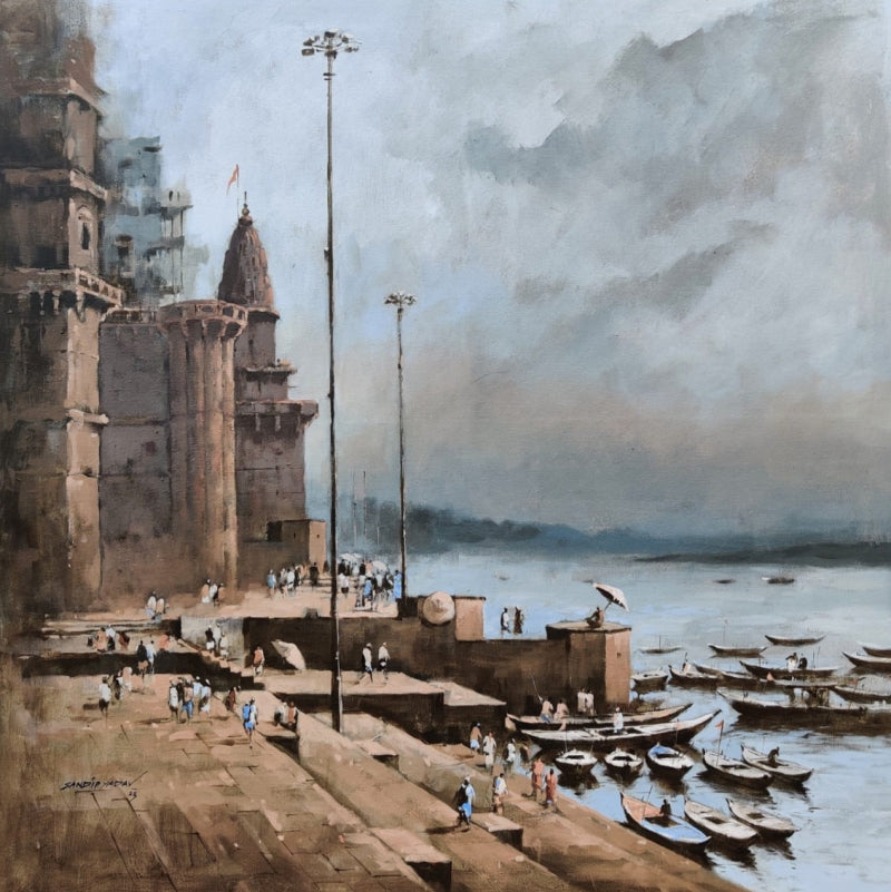 'Varanasi 16' religious acrylic painting by artist Sandeep Yadav, 30x30 inch, on canvas