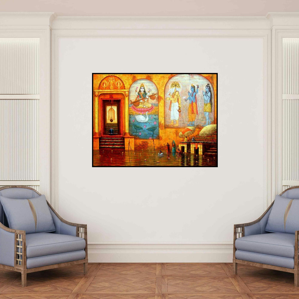 'Varanasi 2' painting by Paramesh Paul shown on a wall in a furnished room.