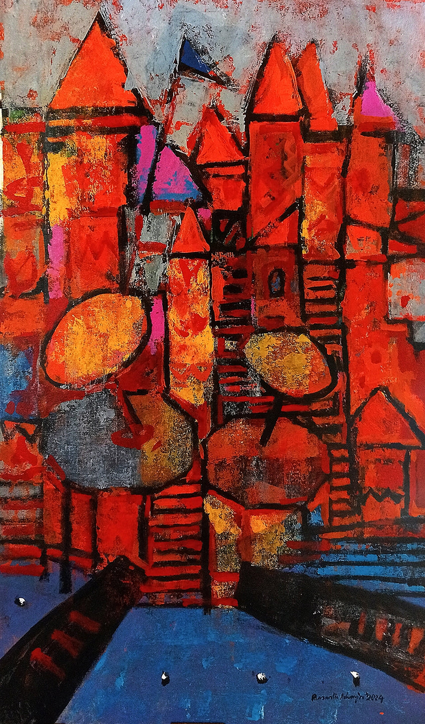 'Varanasi 2' religious acrylic painting by artist Prasanta Acharjee, 38x23 inch, on canvas