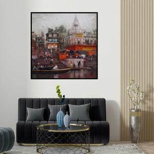 Iruvan Karunakaran's 'Varanasi 2 (Ghats in the Rain)' painting visualized above a sofa in a contemporary room.