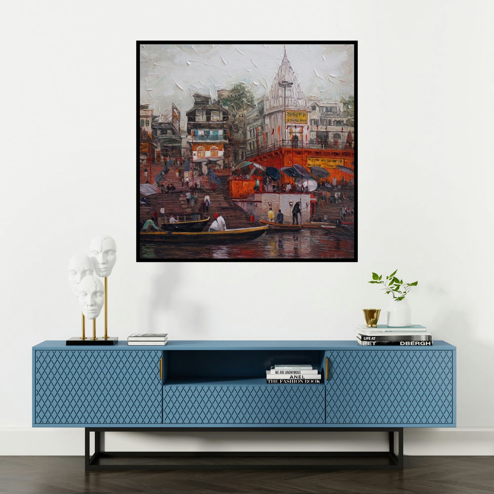 'Varanasi 2 (Ghats in the Rain)' painting by Iruvan Karunakaran shown on a wall in a furnished room.