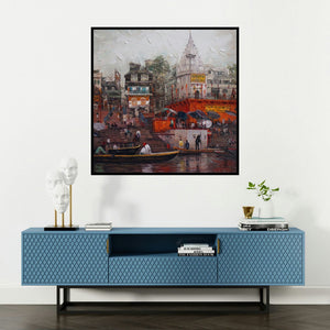 'Varanasi 2 (Ghats in the Rain)' painting by Iruvan Karunakaran shown on a wall in a furnished room.