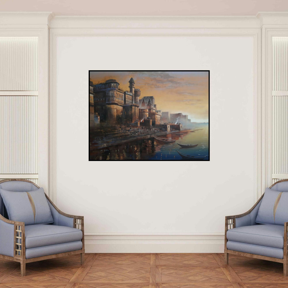 'Varanasi 2 (Varanasi Ghat Evening) (Ganges Sunset Rituals)' painting by Atul Gendle shown on a wall in a furnished room.