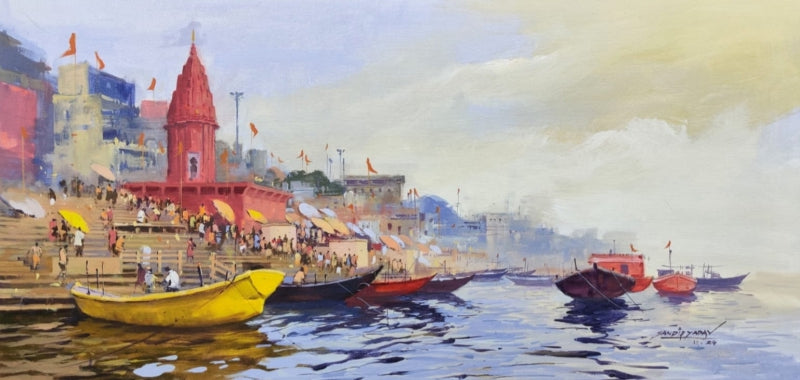 Varanasi 2' religious acrylic painting by artist Sandeep Yadav, 18x30 inch, on canvas