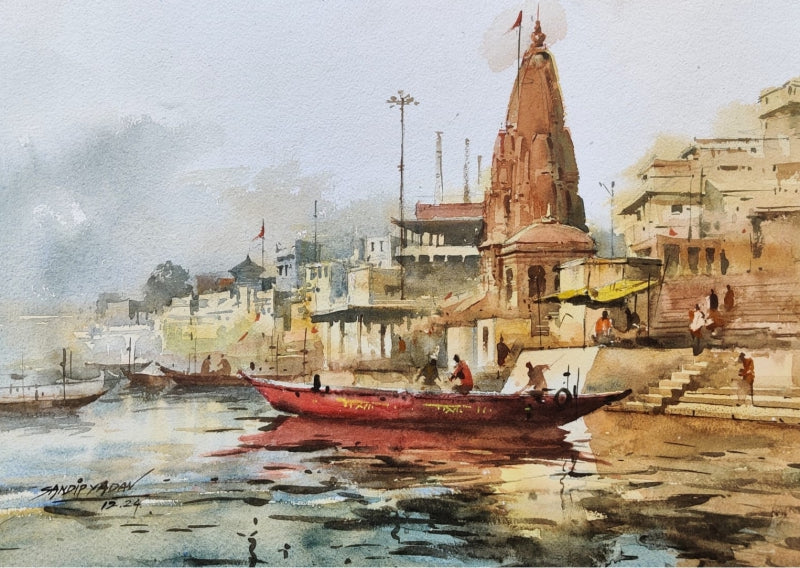 'Varanasi 2' religious watercolor painting by artist Sandeep Yadav, 12x16 inch, on paper