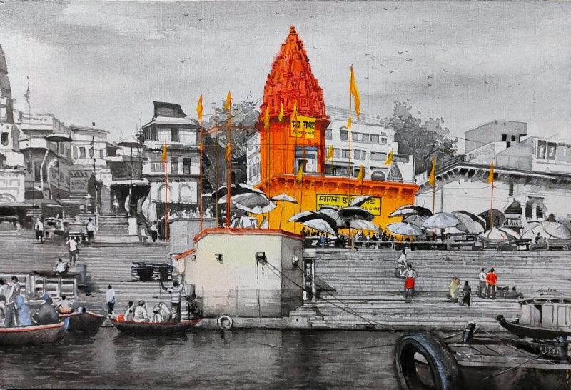 Religious acrylic painting titled 'Varanasi', 16x24 inches, by artist Amlan Dutta on Canvas