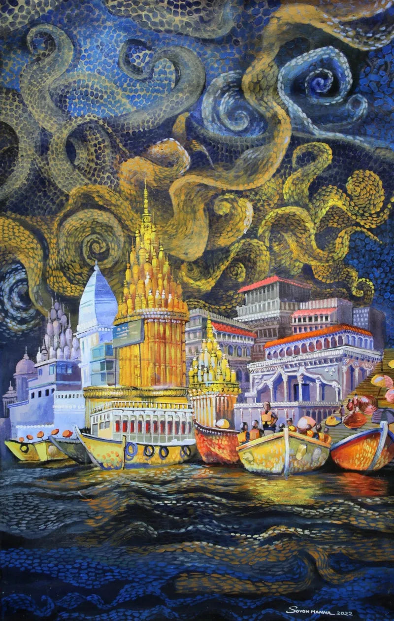 Religious acrylic painting titled 'Varanasi', 48x30 inch, by artist Sovon Manna on Canvas