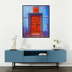 Anil Kumar Yadav's 'Varanasi 3 (Passage Through Blue)' painting visualized above a sofa in a contemporary room.