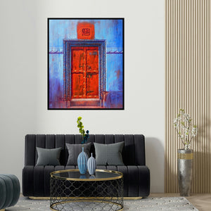 'Varanasi 3 (Passage Through Blue)' painting by Anil Kumar Yadav shown on a wall in a furnished room.