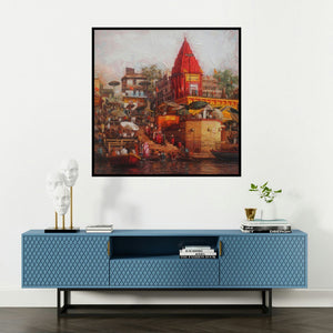 'Varanasi 3 (Sacred Ghats of Varanasi)' painting by Iruvan Karunakaran shown on a wall in a furnished room.