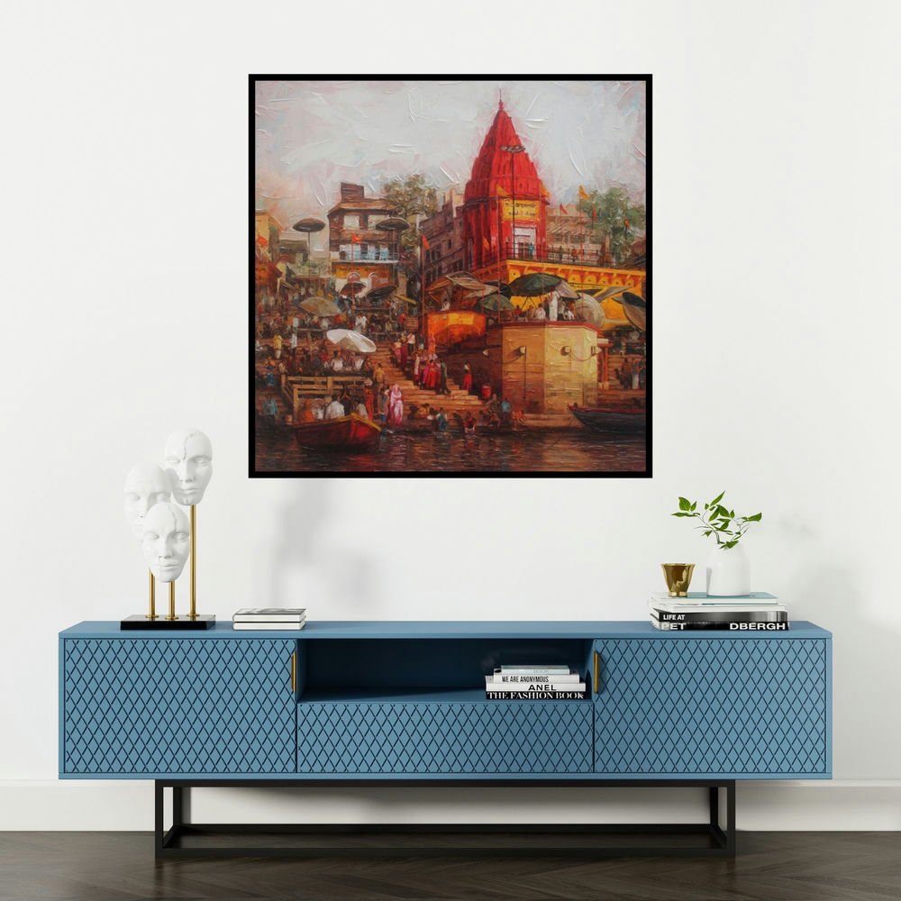 'Varanasi 3 (Sacred Ghats of Varanasi)' painting by Iruvan Karunakaran shown on a wall in a furnished room.