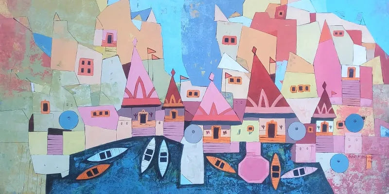 Religious acrylic painting titled 'Varanasi 4', 36x72 inch, by artist Anand Bekwad on Canvas