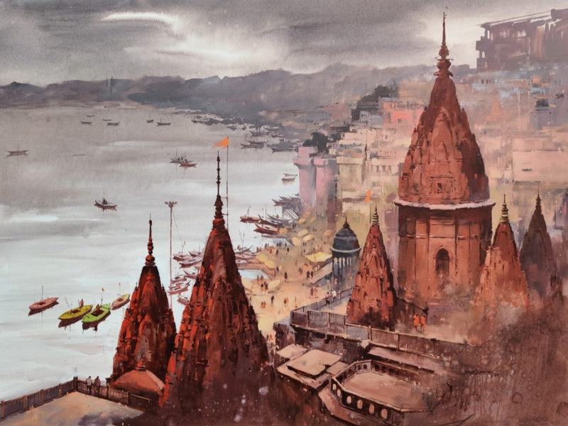 Varanasi 4' religious acrylic painting by artist Sandeep Yadav, 36x48 inch, on canvas