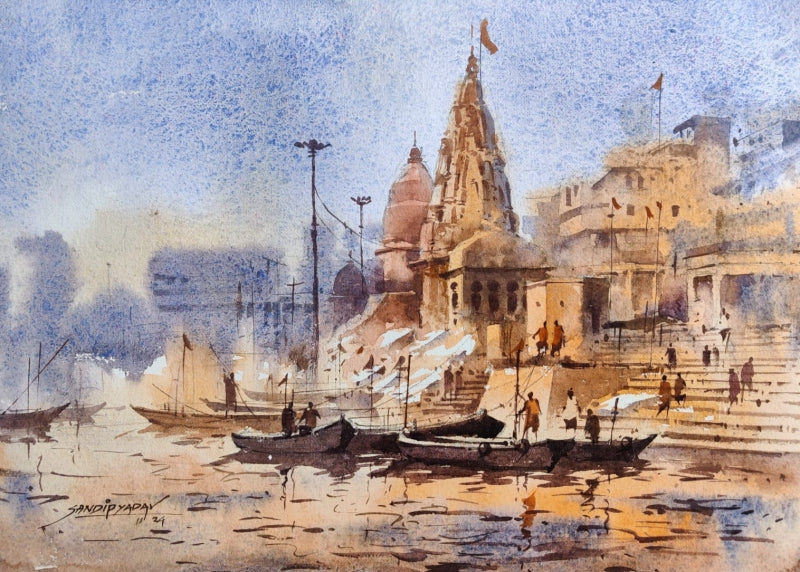 'Varanasi 4' religious watercolor painting by artist Sandeep Yadav, 12x16 inch, on paper