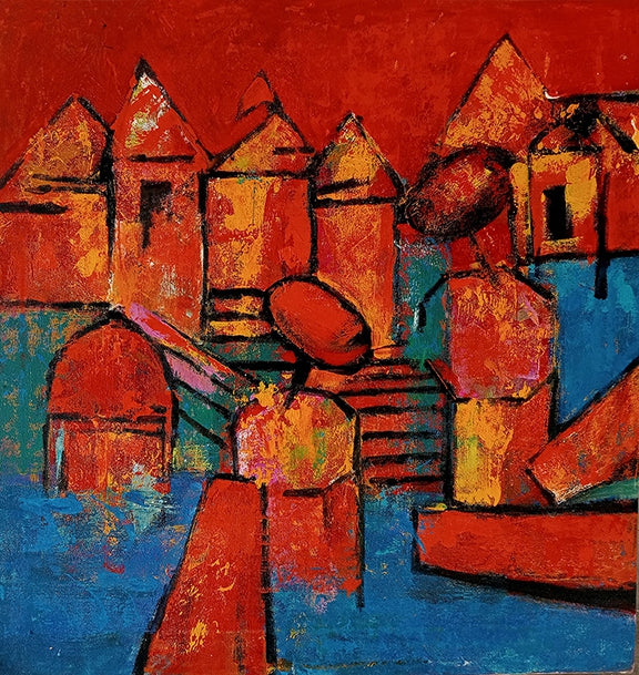 'Varanasi 4' religious acrylic painting by artist Prasanta Acharjee, 24x23 inch, on canvas
