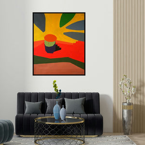 'Varanasi 4 (Blooming Sunlight)' painting by Prasanta Acharjee shown on a wall in a furnished room.