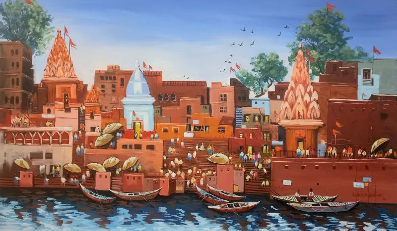 Religious acrylic painting titled 'Varanasi 5', 36x72 inch, by artist Anand Bekwad on Canvas