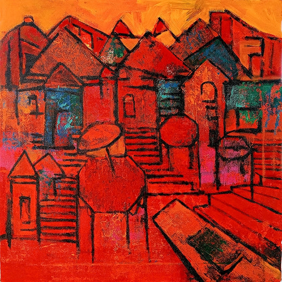 'Varanasi 5' religious acrylic painting by artist Prasanta Acharjee, 24x23 inch, on canvas