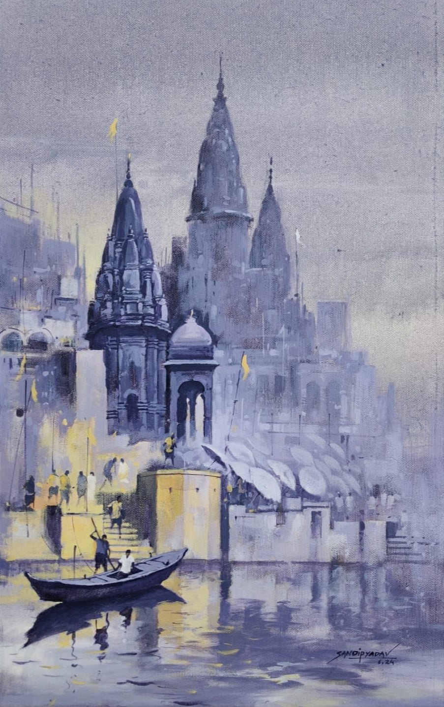 Varanasi 6' religious acrylic painting by artist Sandeep Yadav, 22x14 inch, on canvas