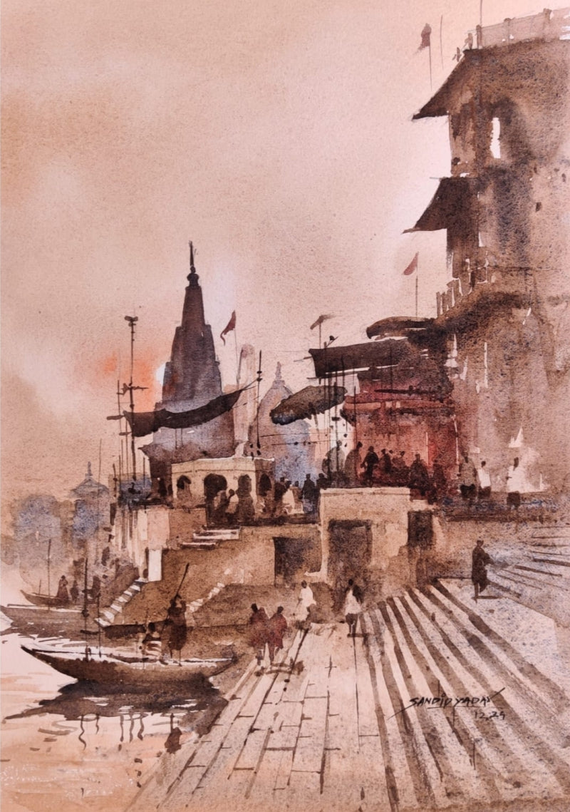 'Varanasi 6' religious watercolor painting by artist Sandeep Yadav, 16x12 inch, on paper