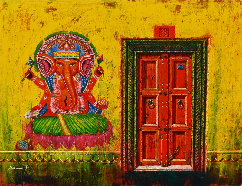 Varanasi 62 (Ganesha)' religious acrylic painting by artist Anil Kumar Yadav, 36x48 inch, on canvas