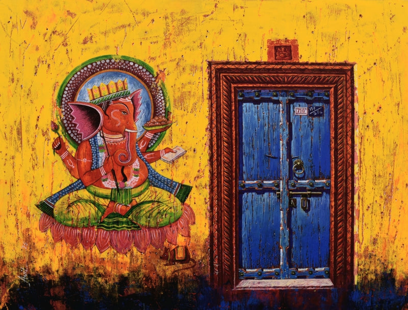 Varanasi 67 (Ganesha)' religious acrylic painting by artist Anil Kumar Yadav, 36x48 inch, on canvas