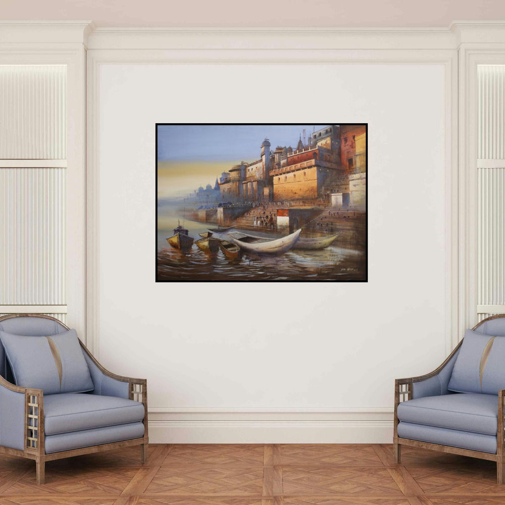 'Varanasi 7 (Varanasi Ghat at Sunrise) (Varanasi Dawn)' painting by Atul Gendle shown on a wall in a furnished room.