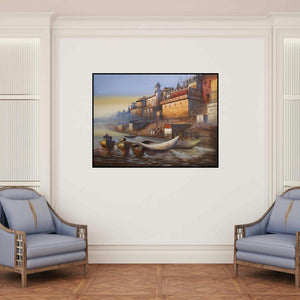 'Varanasi 7 (Varanasi Ghat at Sunrise) (Varanasi Dawn)' painting by Atul Gendle shown on a wall in a furnished room.
