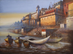 Religious acrylic painting titled 'Varanasi 7', 36x48 inches, by artist Atul Gendle on Canvas