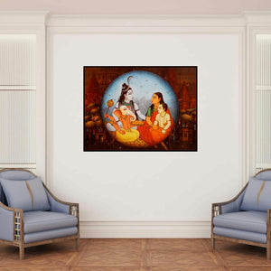 'Varanasi 7 (The Holy Family)' painting by Paramesh Paul shown on a wall in a furnished room.