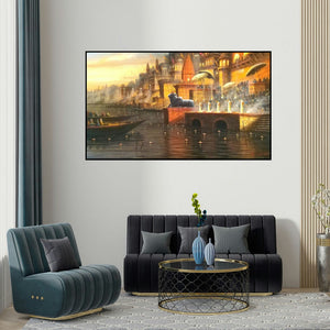 Paramesh Paul's 'Varanasi 8 (Varanasi Ghats Evening Ceremony)' painting visualized above a sofa in a contemporary room.