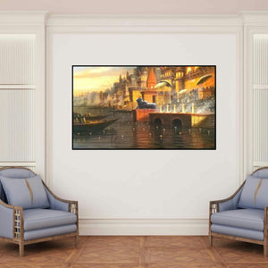 'Varanasi 8 (Varanasi Ghats Evening Ceremony)' painting by Paramesh Paul shown on a wall in a furnished room.